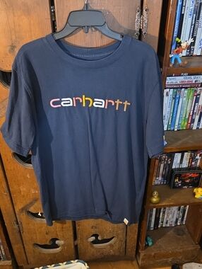 Carhartt Navy Short-Sleeve Logo Tee with Multicolor Script